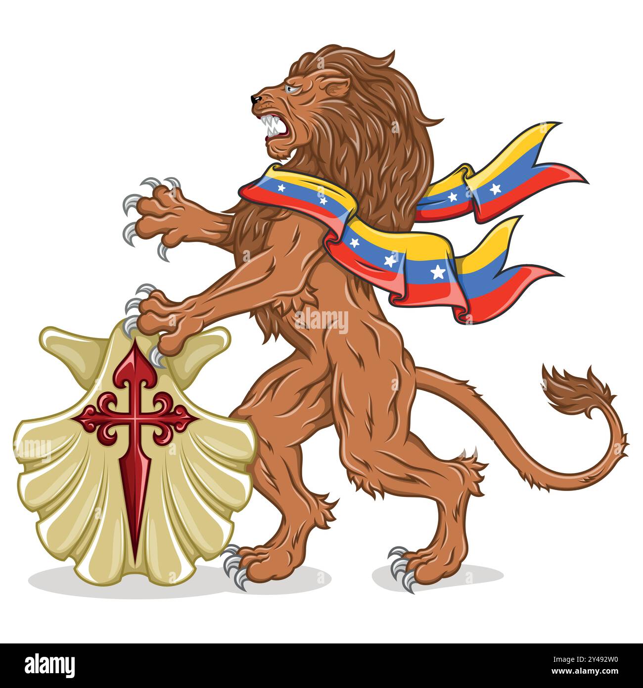 Lion rampant avec drapeau et bouclier du Venezuela, symbole de la ville de Caracas Venezuela Illustration de Vecteur