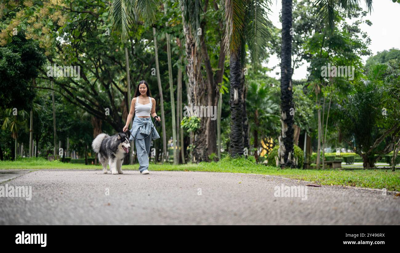Une femme asiatique joyeuse dans une tenue en denim emmène son chien pour une promenade en laisse dans un parc verdoyant, formant son chien à l'extérieur. Un Husky sibérien marchant Banque D'Images