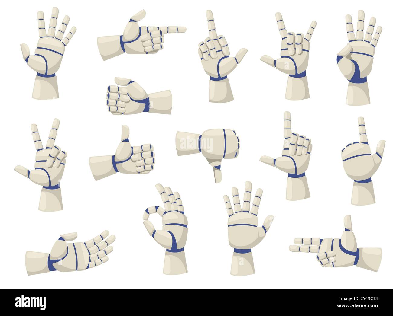 Mains bioniques robotiques. Bras humains mécaniques. Position différente des doigts. Geste pour pointer, OK et aimer. Technologie d'intelligence artificielle Illustration de Vecteur