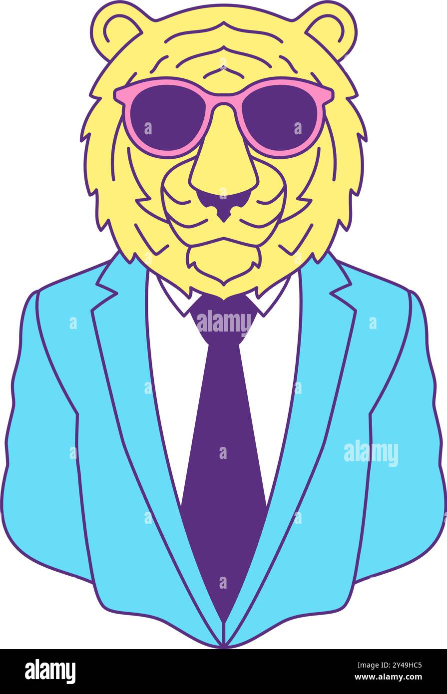 Y2K comique tigre homme d'affaires dans des lunettes de soleil contemporain pop art profilé icône vecteur plat illustration. Animal sauvage de prédateur félin de dessin animé funky Illustration de Vecteur