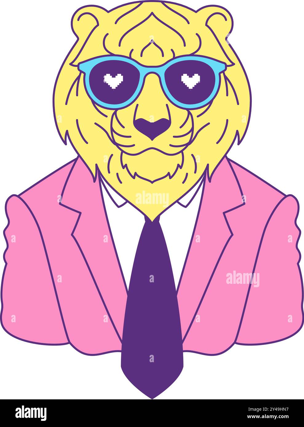 Y2K funky tigre homme d'affaires dans le coeur lunettes de soleil contemporain pop art profilé icône vecteur plat illustration. Chef d'entreprise d'animaux sauvages comique dans PIN Illustration de Vecteur