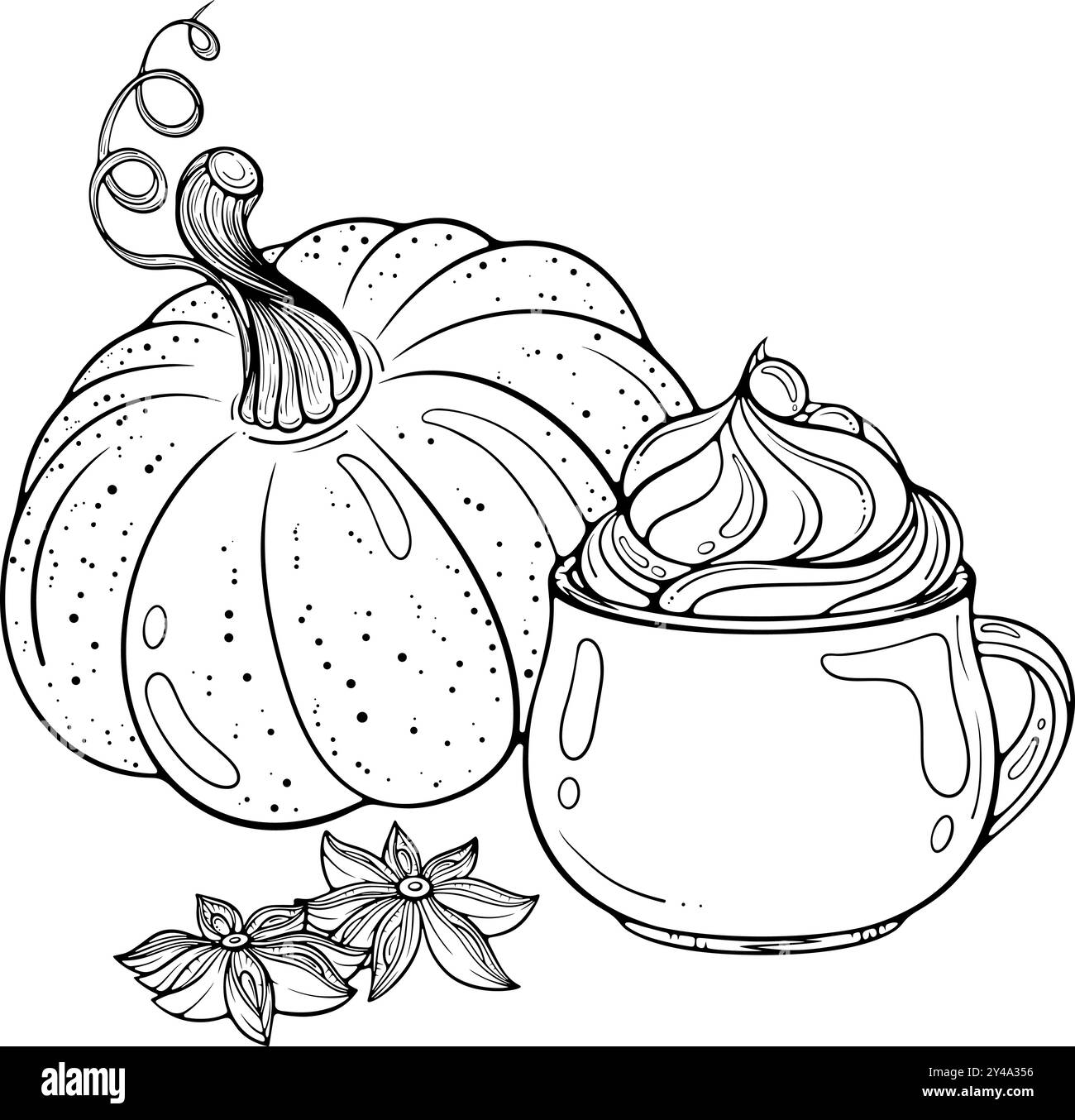 Composition avec citrouille et latte line art Illustration de Vecteur