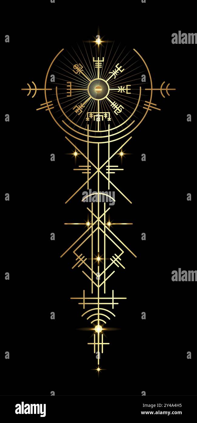 Boussole de navigation Gold Vegvisir antique. Vieux signe magique viking art déco. Les Vikings ont utilisé de nombreux symboles conformément à la mythologie nordique, wiccan Illustration de Vecteur