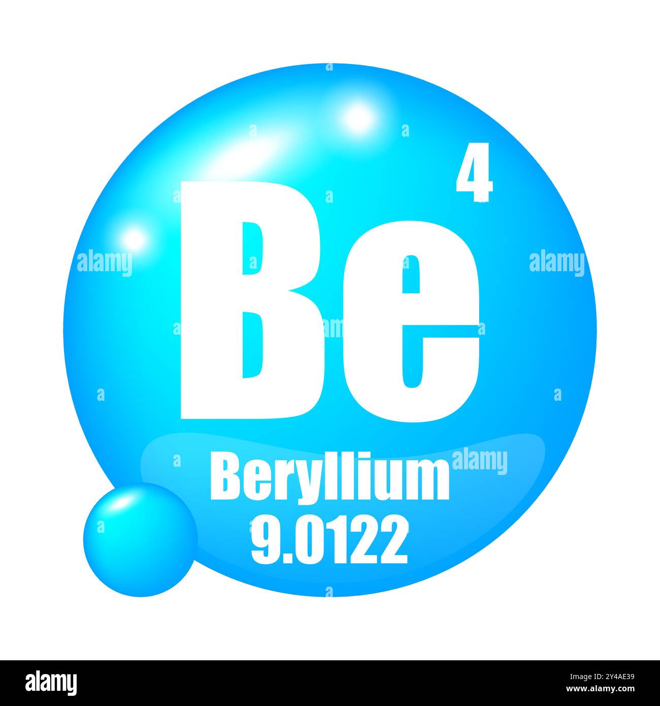 Symbole de l'élément béryllium. Numéro atomique quatre. Icône brillante bleue. Représentation d'éléments chimiques. Illustration de Vecteur