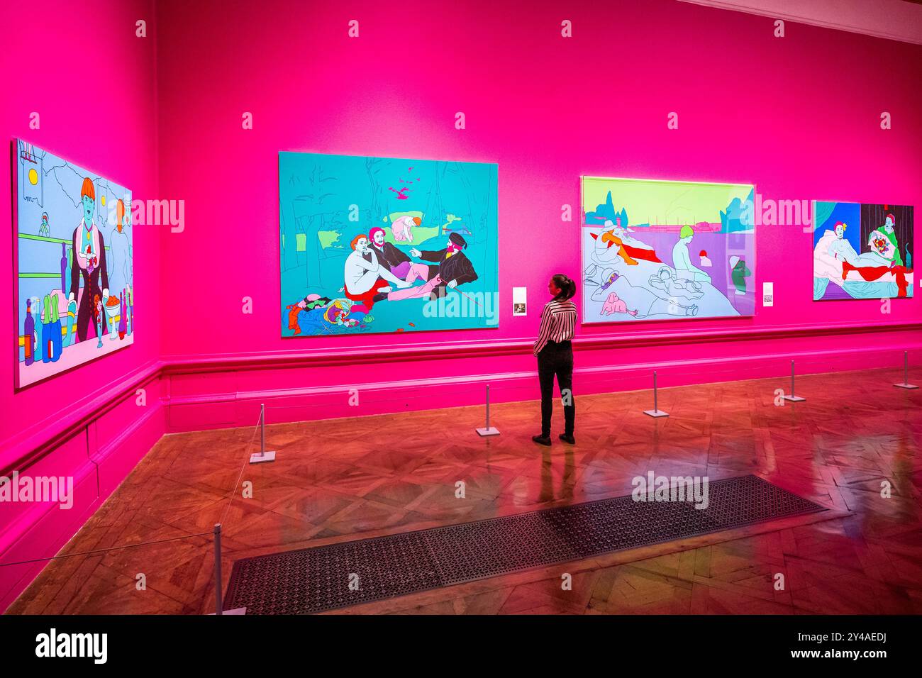Londres, Royaume-Uni. 17 septembre 2024. Manet's Folies-Bergère, 2023 avec Reconstructing Seurat (Purple), 2004 et d'autres œuvres - l'artiste Michael Craig-Martin dans son exposition personnelle à la Royal Academy of Arts, Londres, qui se déroule du 21 septembre au 10 décembre 2024. Crédit : Guy Bell/Alamy Live News Banque D'Images