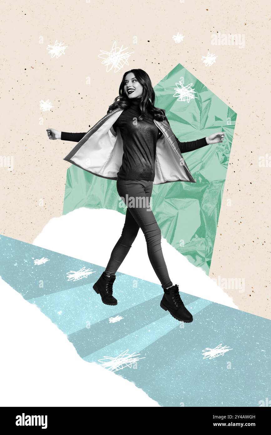 Image de collage d'image de femme charmante joyeuse positive marchant isolée sur fond créatif peint Banque D'Images