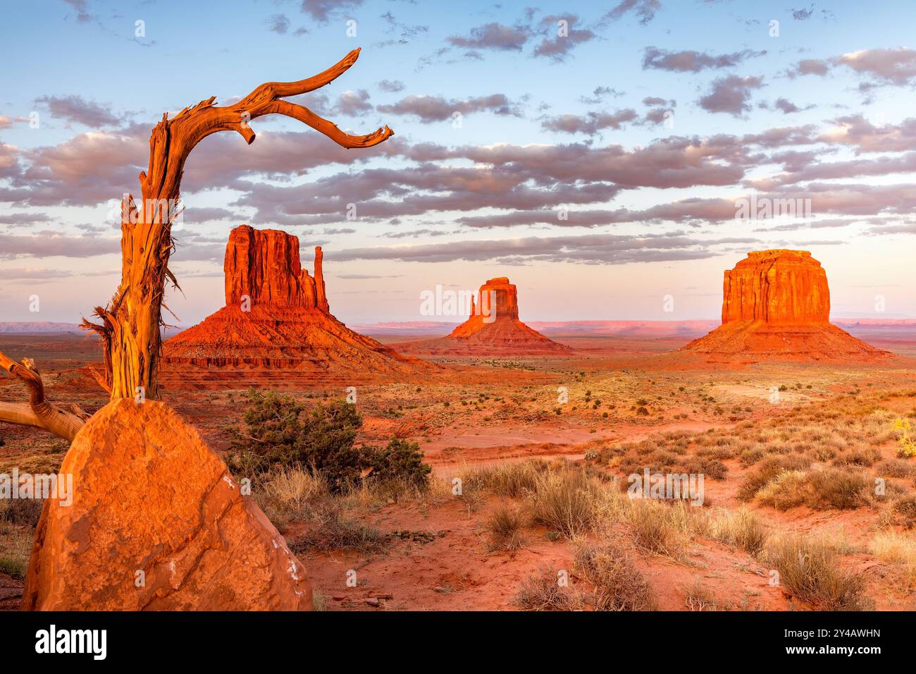 Lumières dorées du coucher de soleil sur la Monument Valley, Arizona États-Unis Banque D'Images