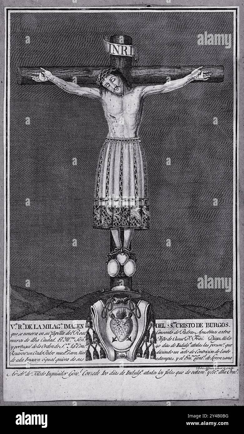 La gravure présente le Christ de Burgos, représentant la scène de crucifixion. Il montre Christ sur la croix, capturant le ton sombre et les détails complexes de la période. Banque D'Images