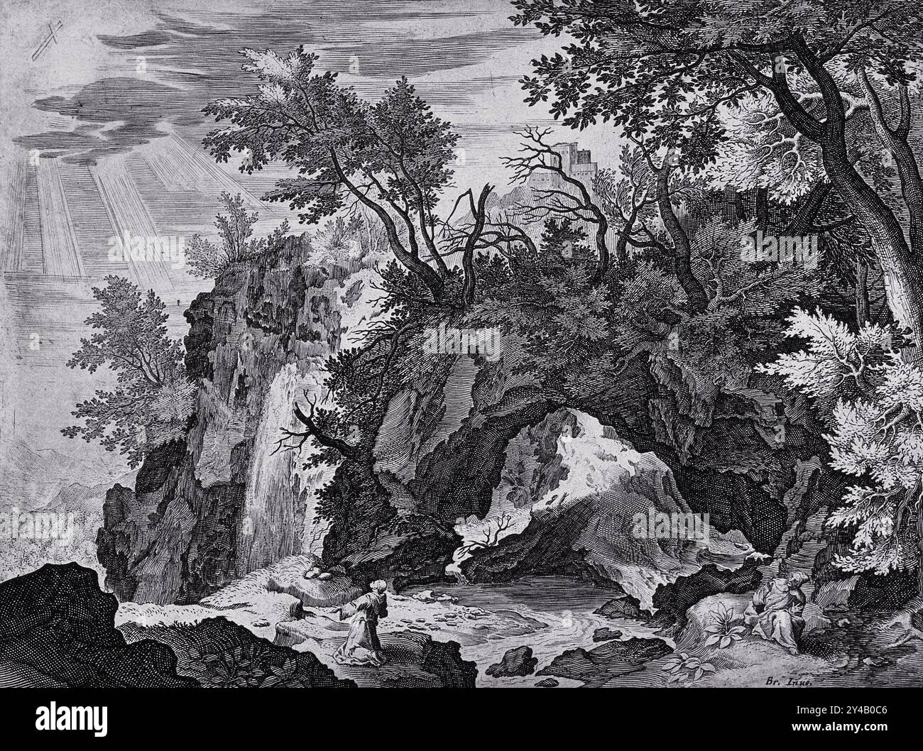 Saint François d’assise est témoin des stigmates miraculeux alors que le Christ lui apparaît sur la croix. Cette gravure, créée par Paul Bril, met en valeur un symbolisme spirituel profond. Banque D'Images