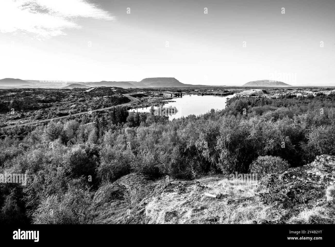 Lac volcanique Myvatn avec reflets et îles, prairies vertes et ciel bleu dans le nord de l'Islande Banque D'Images