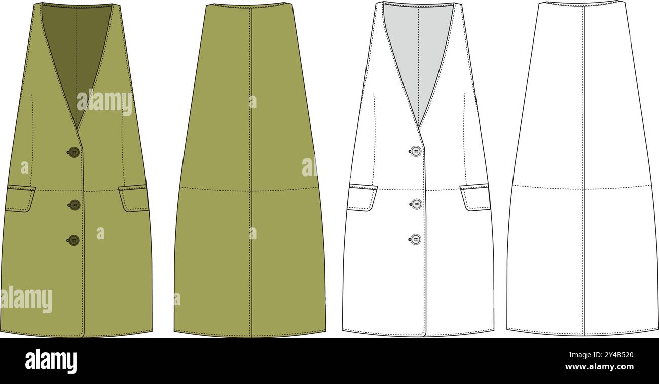 sans manches boutonné col v une ligne veste courte robe veste veste, gilet, costume, technique, dessin, plat, croquis, mode, femme Illustration de Vecteur