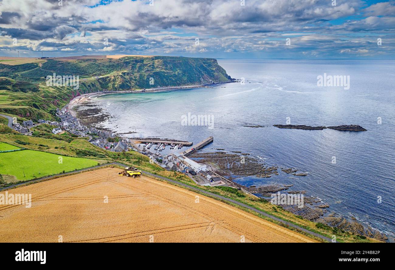 Moissonneuse-batteuse Gardenstown Aberdeenshire Écosse mer bleue le port et les maisons et le champ d'orge à la fin de l'été Banque D'Images