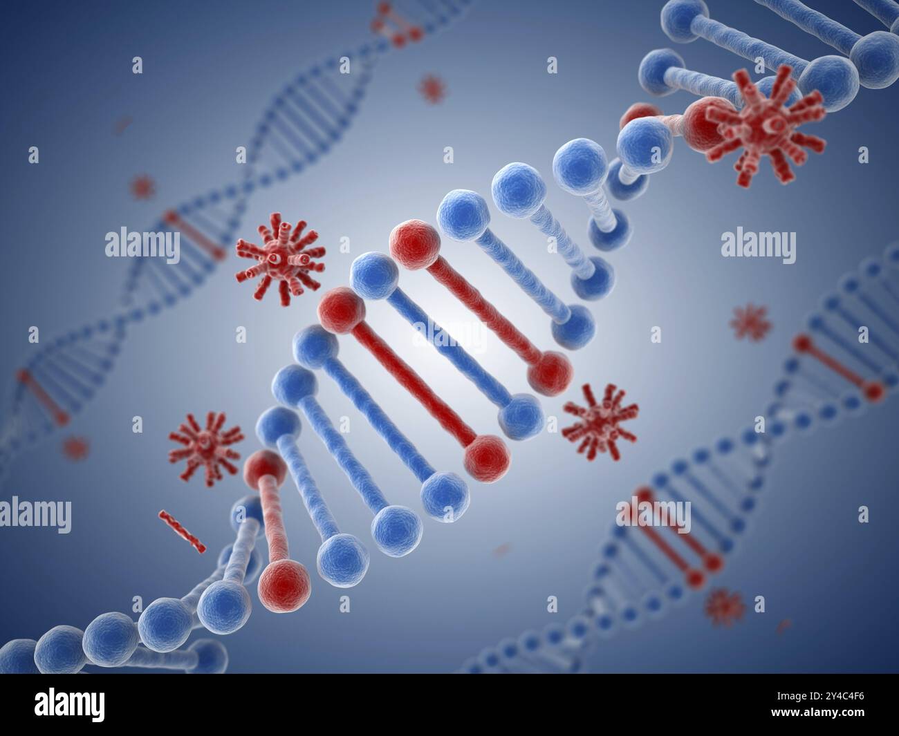 Structure de l'ADN et virus, il s'agit d'une image générée par ordinateur et rendue en 3D. Banque D'Images