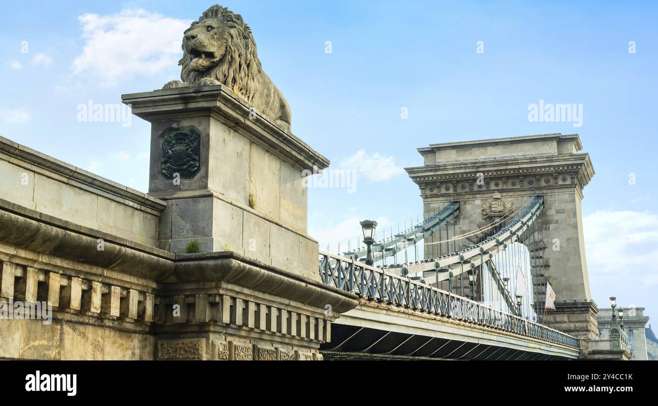 Sculpture de lion sur un pont de chaîne à Budapest, Hongrie, Europe Banque D'Images