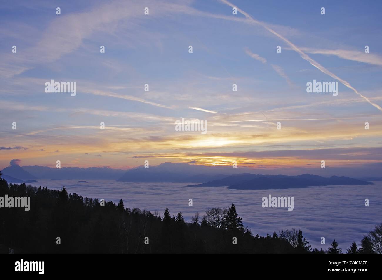 Vallée du Rhin dans une mer de brouillard et lumière du soir, vue panoramique depuis le Pfaender Banque D'Images