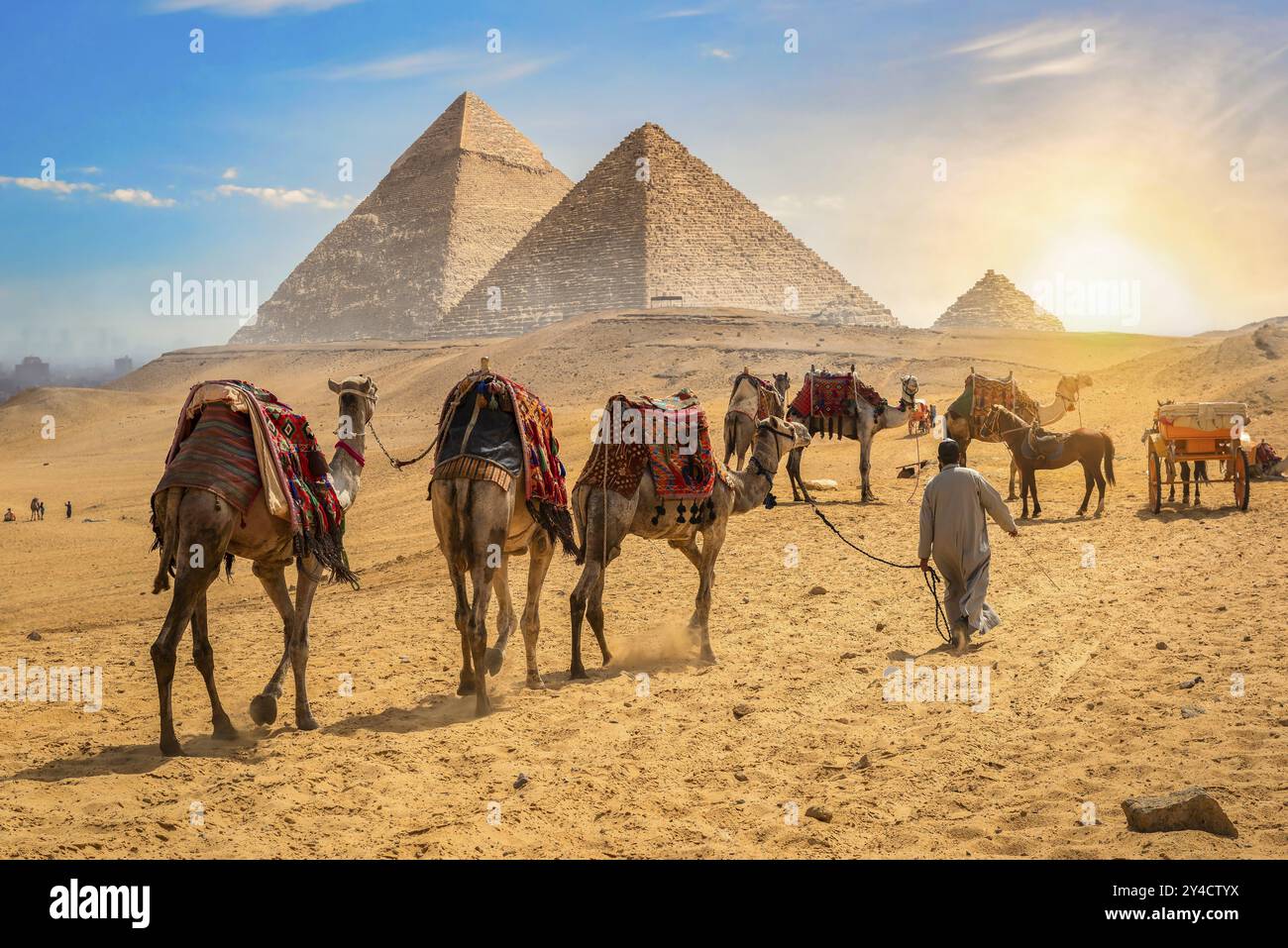 Bédouins avec des chameaux près de grandes pyramides au Caire, Egypte, Afrique Banque D'Images