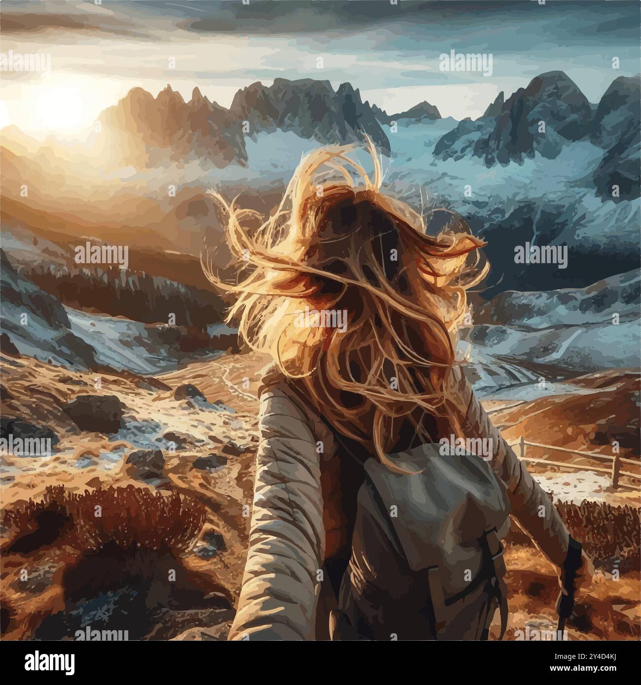 Une femme vibrante dans ses 40 ans fait une randonnée sur une montagne pittoresque au lever du soleil, le vent attrapant ses cheveux alors qu'elle embrasse la liberté, la force et un nouveau chapitre de la vie. Illustration de Vecteur