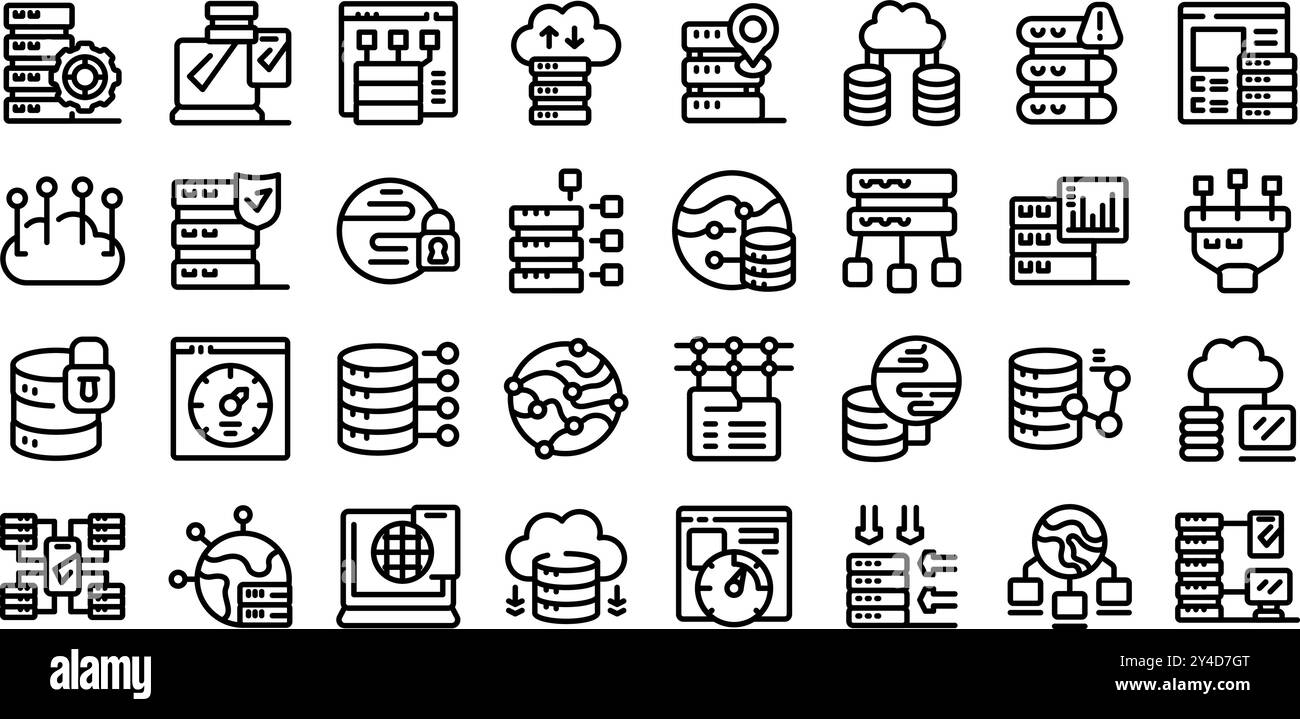 Icônes CDN définies. Icônes de centre de données montrant les capacités de stockage et de traitement des données dans le cloud dans un style vectoriel de trait fin Illustration de Vecteur
