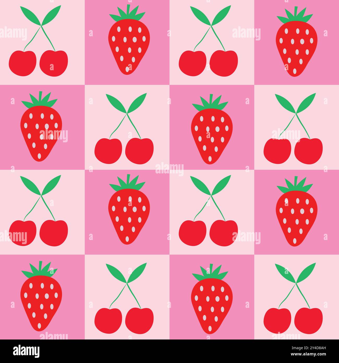 Cerises à carreaux et fraises sur damiers blancs et roses motif sans couture. Pour l'emballage du papier, du tissu et du textile Illustration de Vecteur