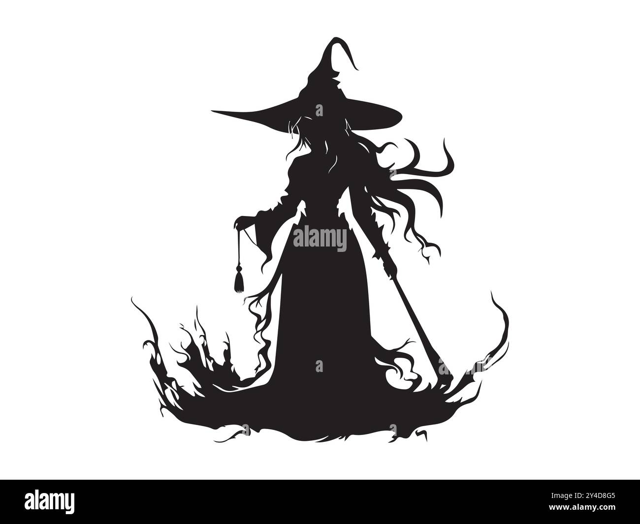 Silhouette noire d'une sorcière dans une robe fluide avec un chapeau pointu isolé sur fond blanc. Concept d'Halloween, occulte, magie, figure mystérieuse Illustration de Vecteur