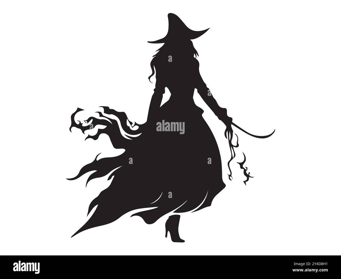 Silhouette noire d'une sorcière dans une robe fluide avec un chapeau pointu isolé sur fond blanc. Concept d'Halloween, occulte, magie, figure mystérieuse Illustration de Vecteur Silhouette noire d'une sorcière dans une robe fluide avec un chapeau pointu isolé sur fond blanc. Concept d'Halloween, occulte, magie, figure mystérieuse Illustration de Vecteur