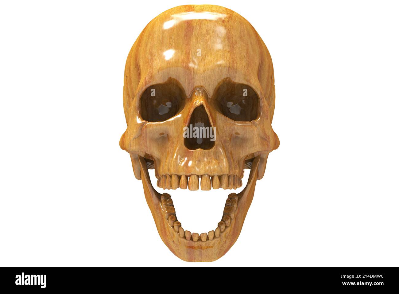 Crâne demi-crâne de bois isolé sur fond blanc. Rendu 3D. Inspiré par les os humains, le squelette, les pirates, Halloween et le jour des morts. Banque D'Images