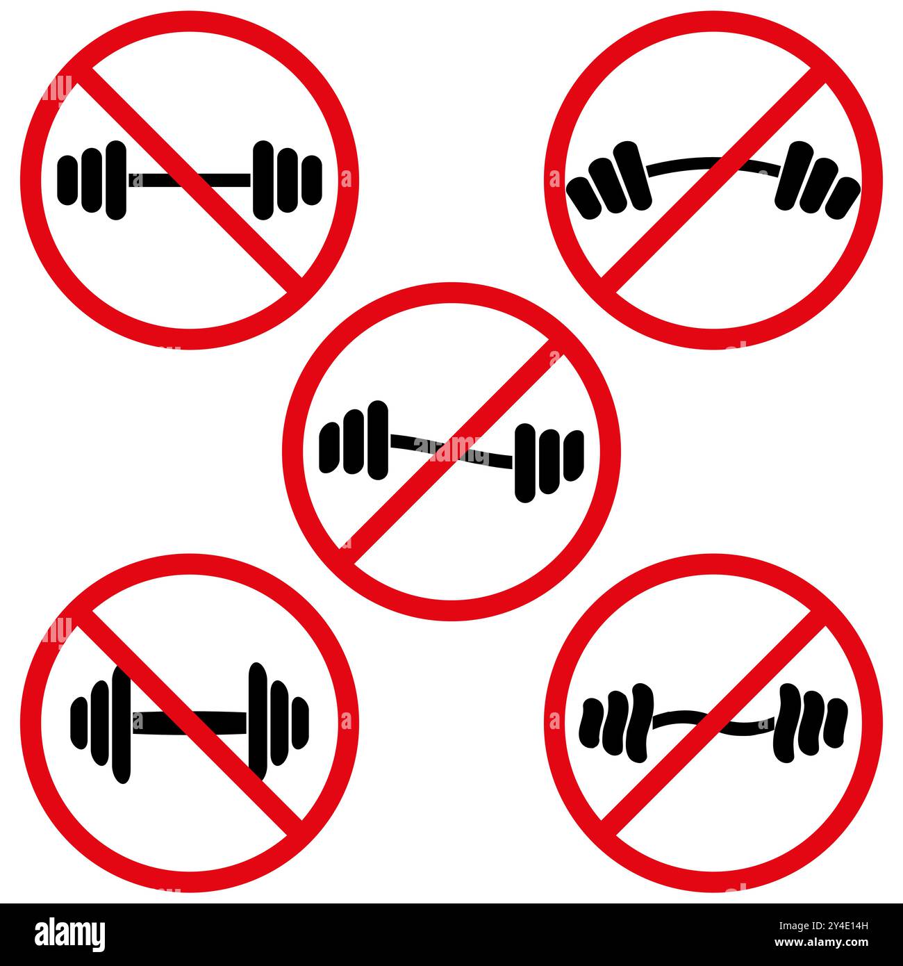 Aucune icône d'haltères. Symbole d'haltérophilie interdite. Cercle rouge d'avertissement. Vecteur de restriction de la condition physique. Illustration de Vecteur