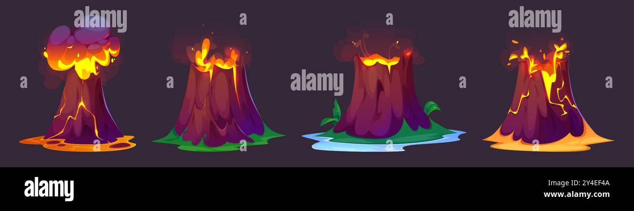 Éruption volcanique avec lave coulante et nuage de fumée sur l'île. Ensemble d'illustration vectorielle de dessin animé d'éléments de paysage de la période Jurassique de l'interface utilisateur du jeu. La montagne rocheuse entre en éruption et explose avec du magma orange chaud. Illustration de Vecteur