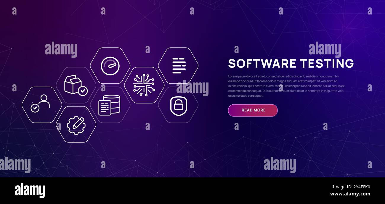 Logiciel de test de fond violet vif avec icônes concept de révision de codage et d'acceptation par l'utilisateur test d'efficacité de code vitesse de performance et Illustration de Vecteur