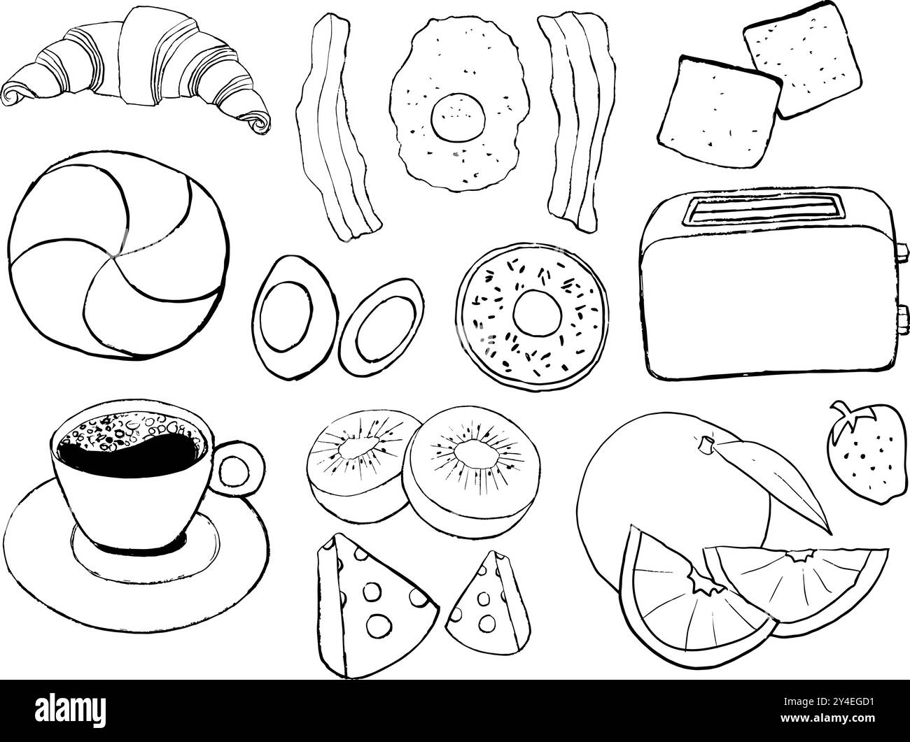 collection d'options de petit déjeuner illustration dessinée à la main, griffonnages de café, pains, œufs, bacon, orange, croissant Illustration de Vecteur collection d'options de petit déjeuner illustration dessinée à la main, griffonnages de café, pains, œufs, bacon, orange, croissant Illustration de Vecteur
