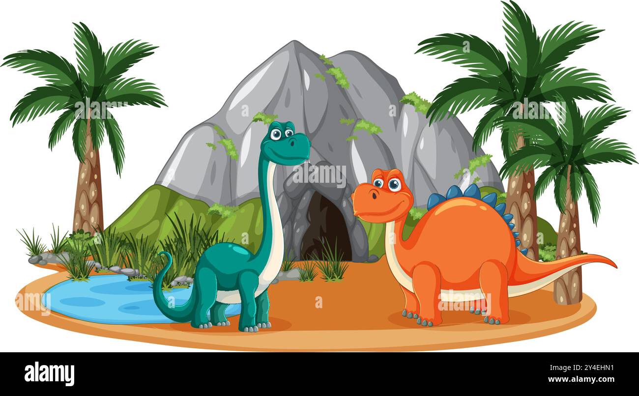 Deux dinosaures près d'une grotte et de palmiers Illustration de Vecteur
