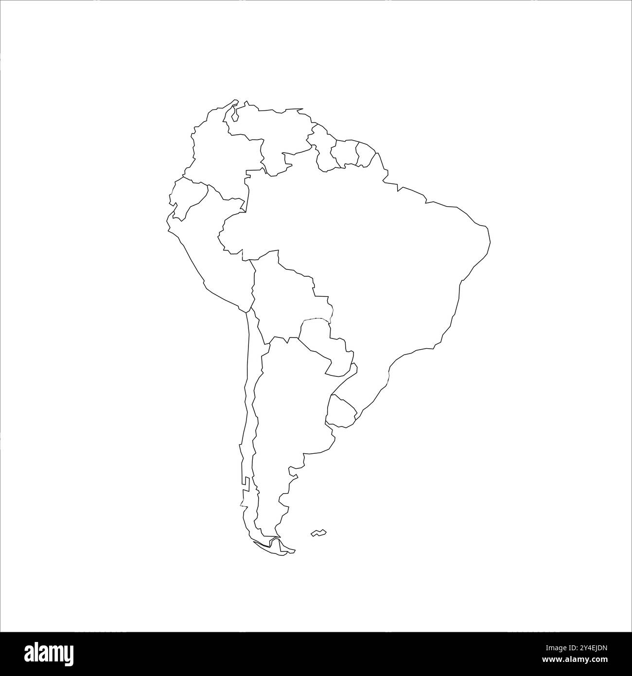 Cette carte présente une représentation politique vierge de l'Amérique du Sud, mettant en valeur les contours des continents sans aucune couleur ou étiquette, idéal à des fins éducatives ou créatives. Illustration de Vecteur