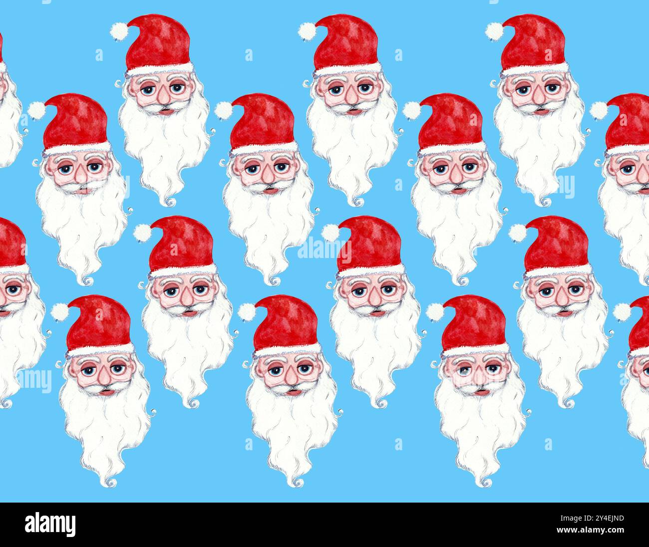 Motif de portraits du Père Noël sur un fond bleu. Le visage du Père Noël est stylisé. Bonnet rouge, barbe blanche moelleuse, moustache et sourcils. Yeux bleus ronds, nez tombant. Illustration aquarelle. Banque D'Images
