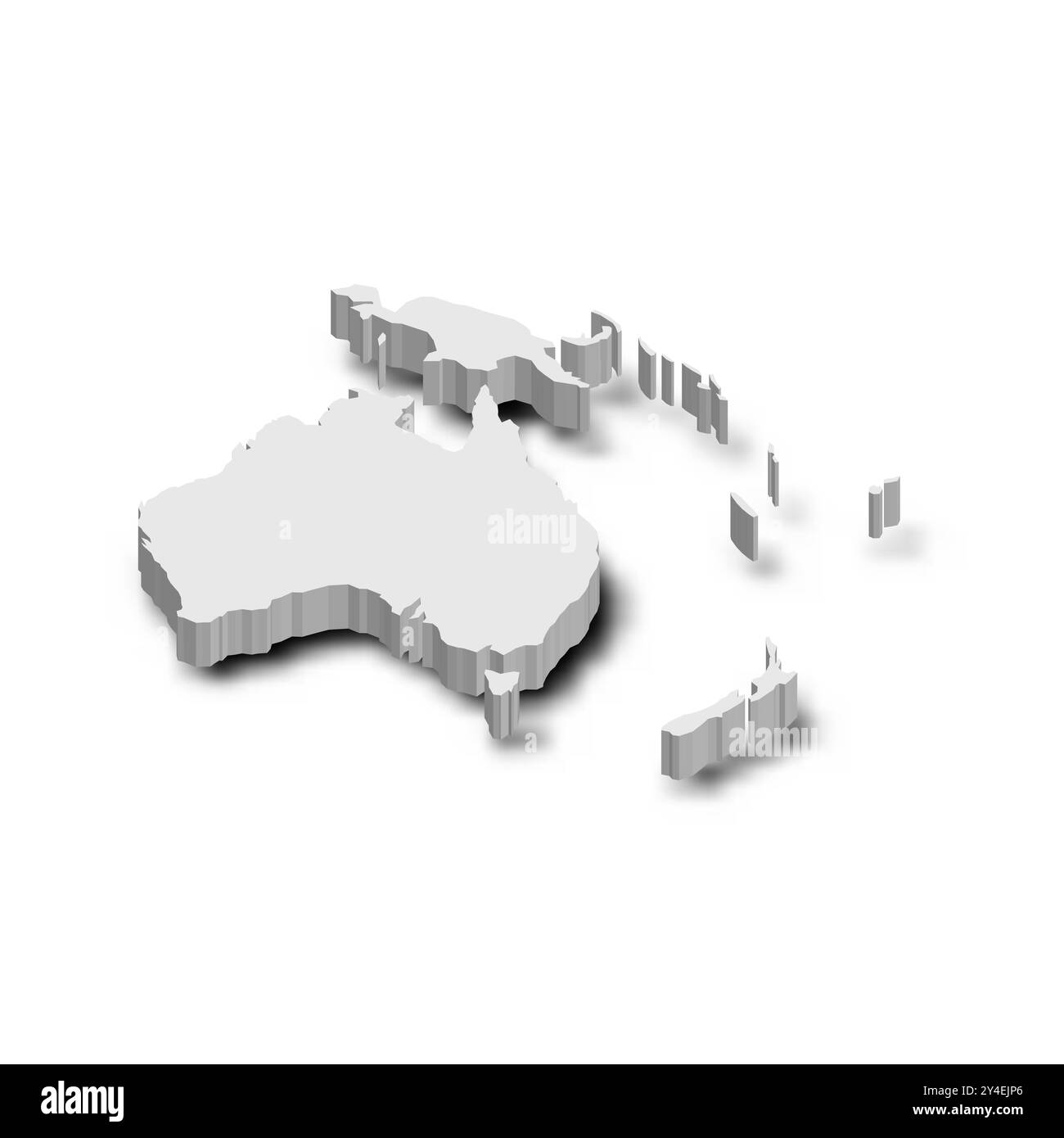 Cette représentation présente une carte politique vierge illustrant les continents de l’Australie et de l’Océanie dans un style de silhouette 3D grise, mettant en évidence les contours géographiques sans étiquettes. Illustration de Vecteur