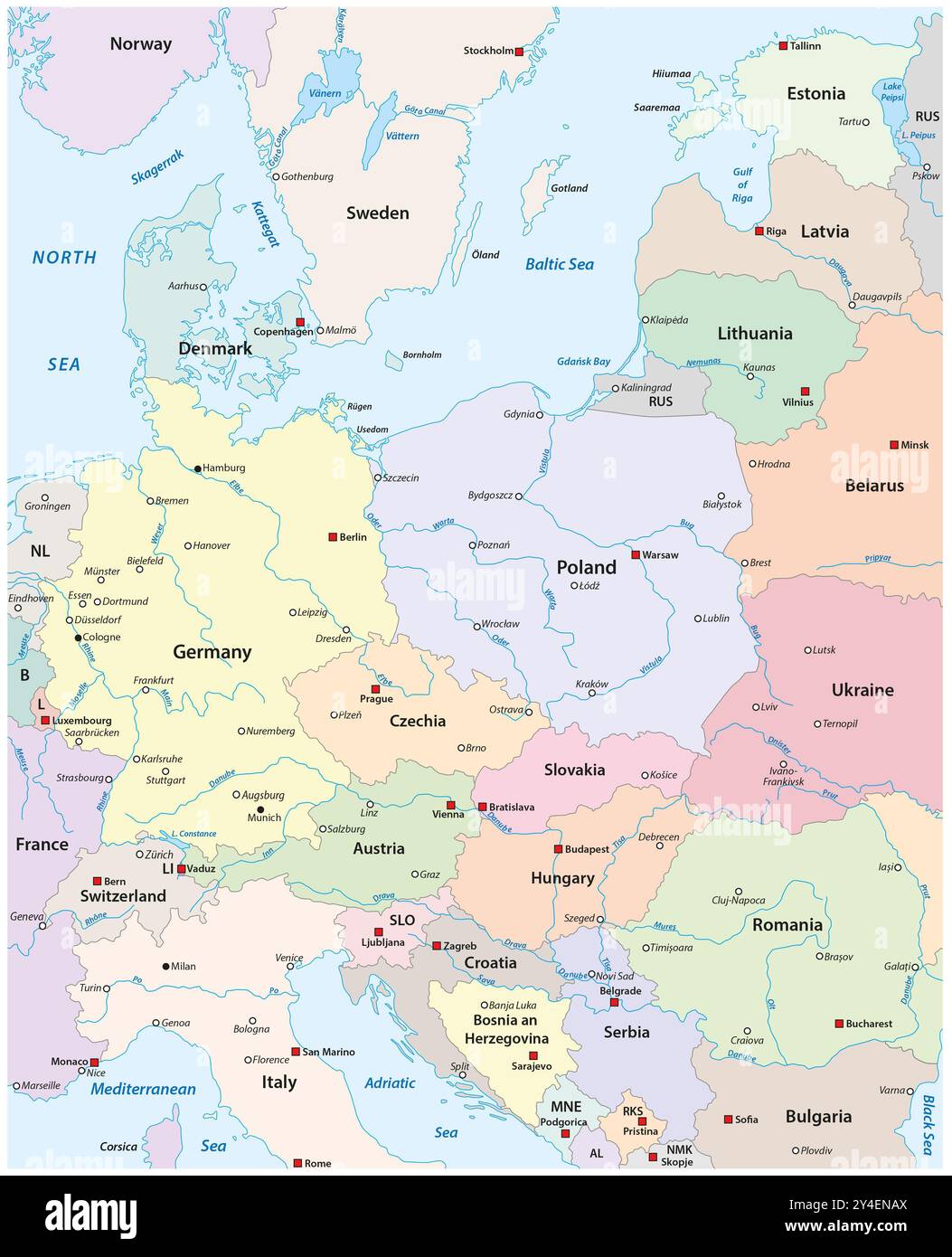 Carte de l'Europe centrale avec les villes et rivières les plus importantes Banque D'Images