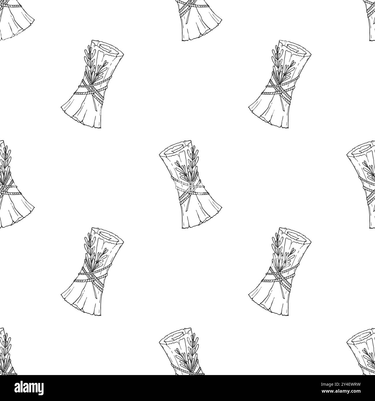 Motif avec défilement avec branche de romarin attaché avec corde. Sorcellerie, conspirations, sorts, attribut d'halloween, doodle dessiné à la main, défilement avec déchiré Illustration de Vecteur