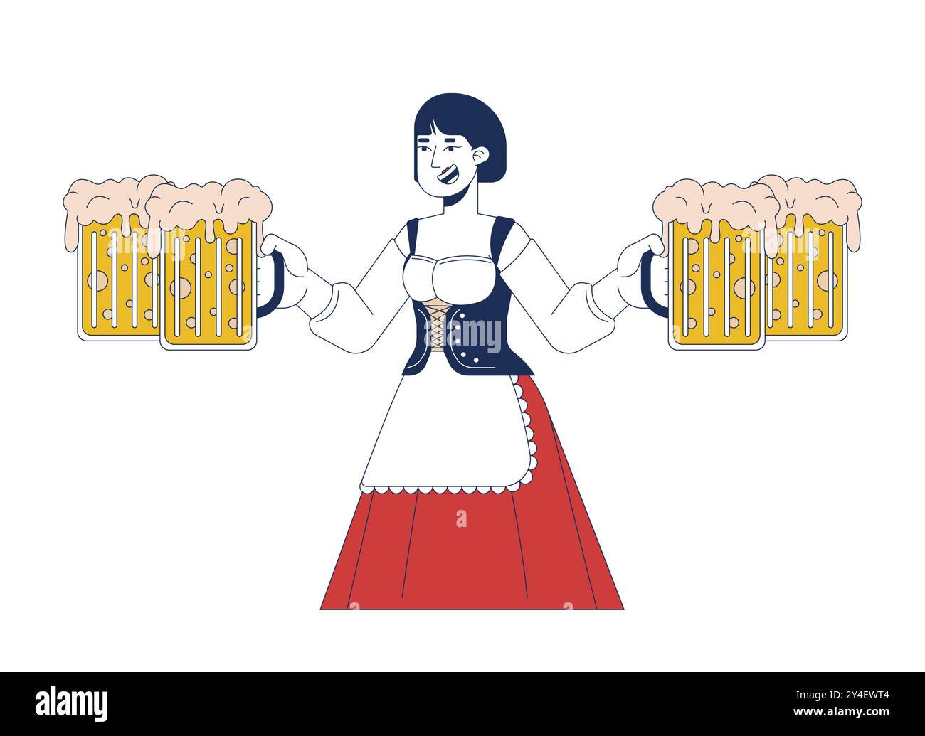 Heureuse serveuse asiatique tenant des tasses de bière artisanale 2D personnage de dessin animé Illustration de Vecteur