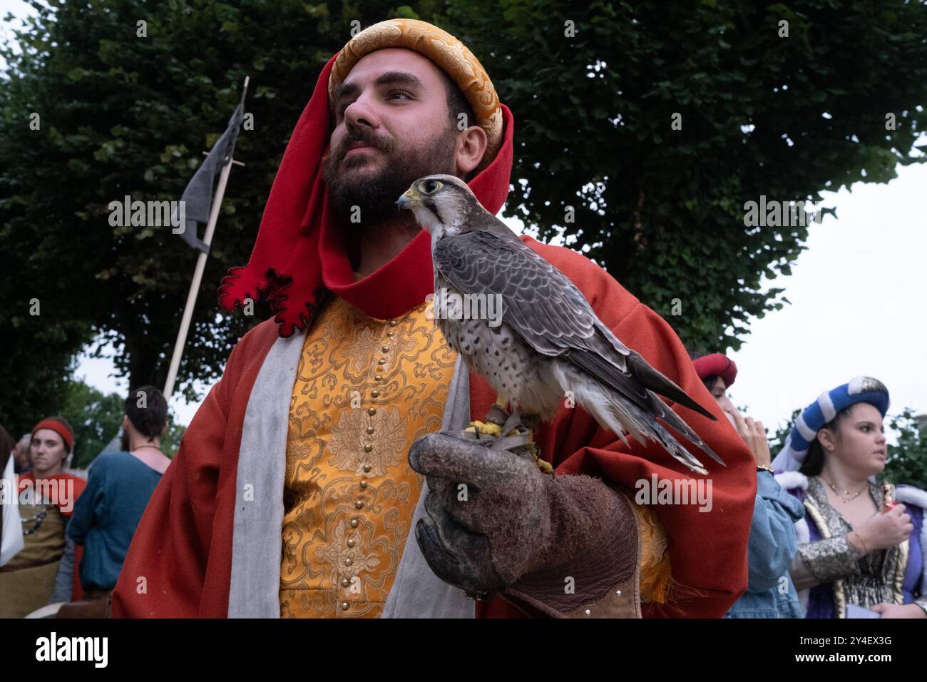 Falconer avec son oiseau de proie à la Fête des remparts dans la ville médiévale de Dinan dans la région des côtes-d Armor en Bretagne le 22 juillet 202 Banque D'Images