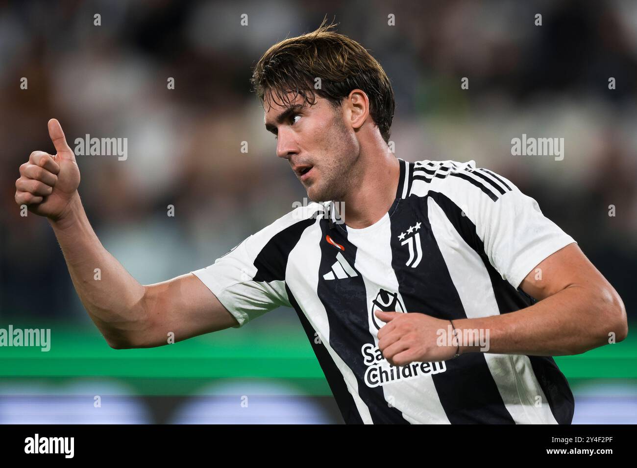 Turin, Italie. 17 septembre 2024. Dusan Vlahovic de Juventus FC fait des gestes lors du match de football de l'UEFA Champions League entre la Juventus FC et le PSV Eindhoven. Nicolò Campo/Alamy Live News Banque D'Images