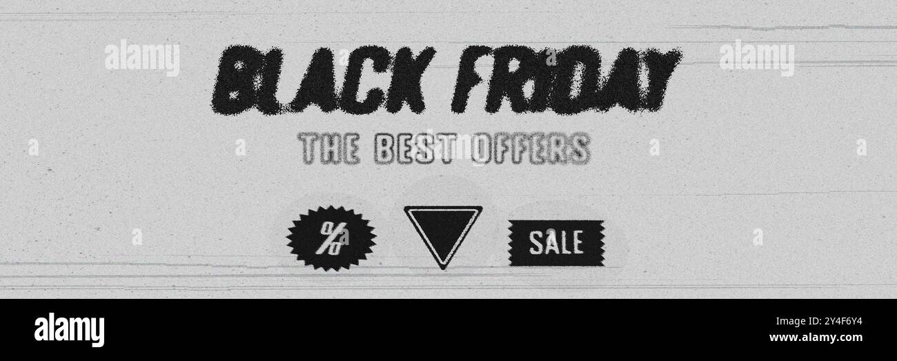 Texte texturé DU VENDREDI NOIR avec phrase THE BEST OFFERS ci-dessous, symbole de pourcentage, triangle et mot SALE sur fond gris. Banque D'Images