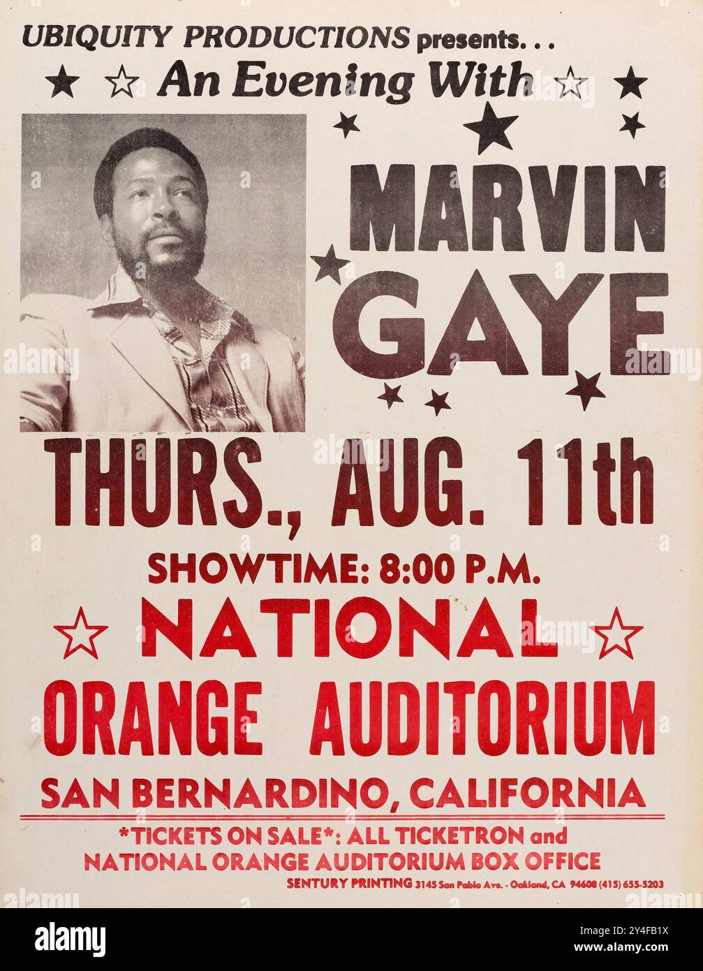 Légende de l'âme Marvin Gaye - National Orange Auditorium, San Bernardino, Californie - affiche de concert vintage (1977) Banque D'Images