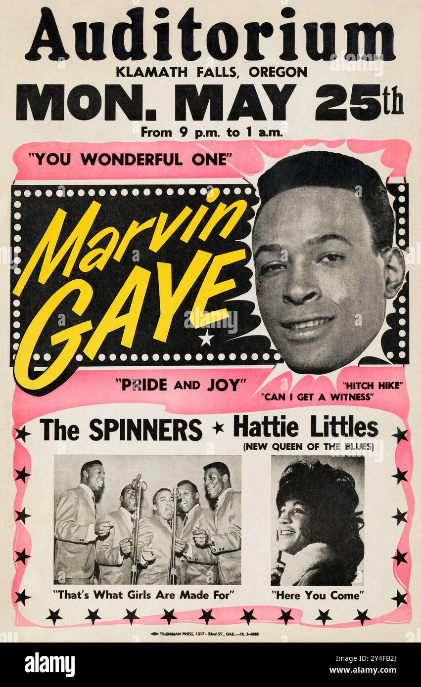 Marvin Gaye 1964 Auditorium, Klamath Falls, Oregon - concert Handbill incluant les Spinners et Hattie Littles Banque D'Images