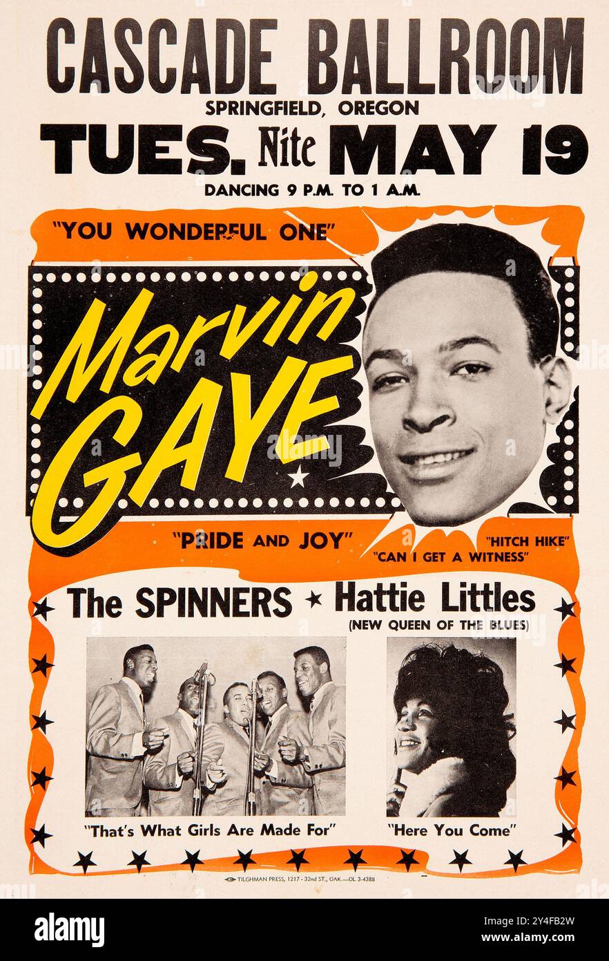 Marvin Gaye 1964 Cascade Ballroom, Springfield, Oregon - concert Handbill/Flyer incluant les Spinners et Hattie Littles Banque D'Images