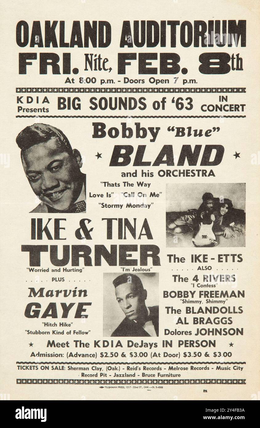 Marvin Gaye - Ike & Tina Turner - Bobby 'Blue' Bland 1963 Black and White concert Handbill*/Flyer Oakland Auditorium Banque D'Images