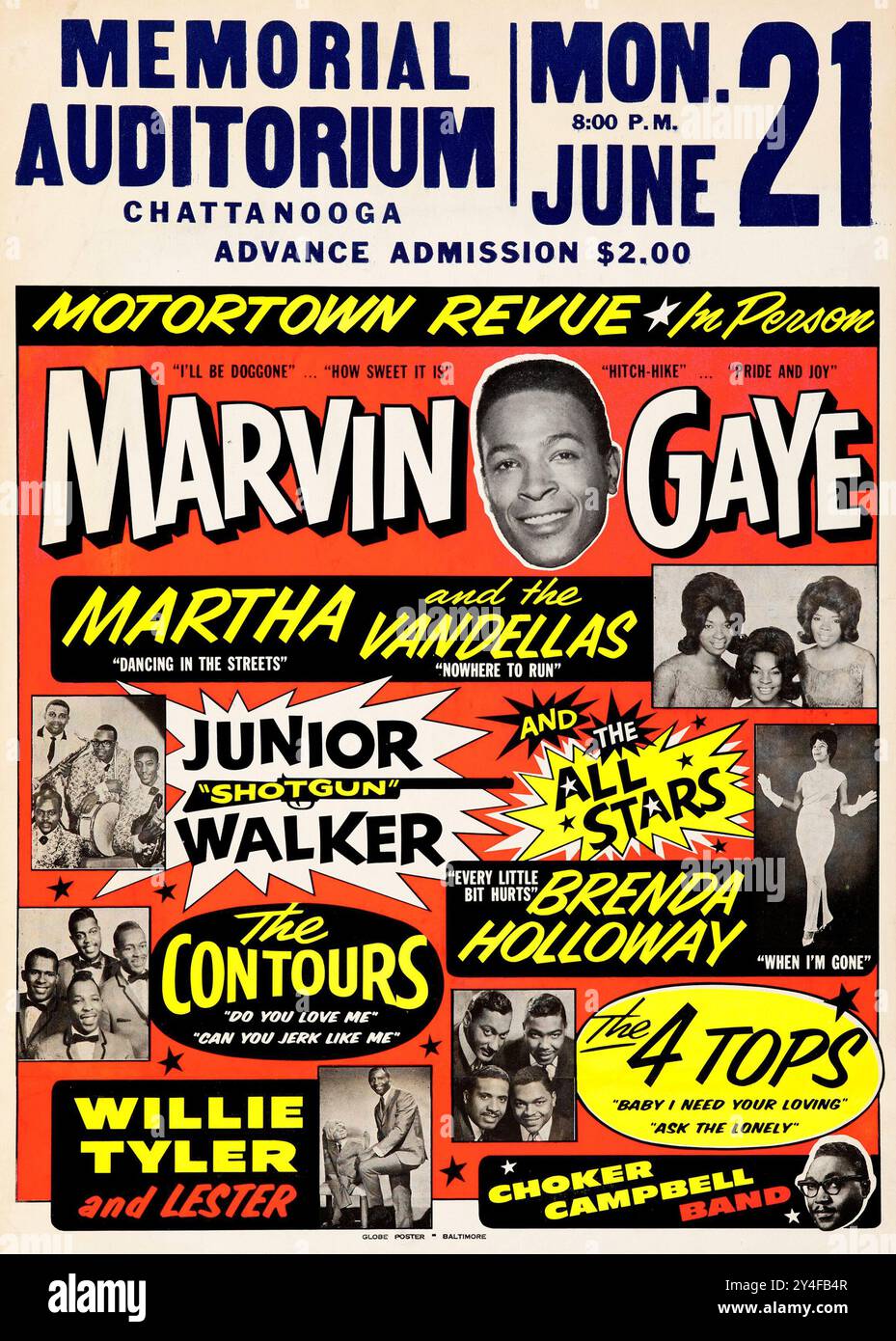 Motortown revue 1965 - affiche de concert vintage avec la légende de l'âme Marvin Gaye, les 4 Tops, les contours, Willie Tyler - Memorial Auditorium, Chattanooga, Tennessee Banque D'Images