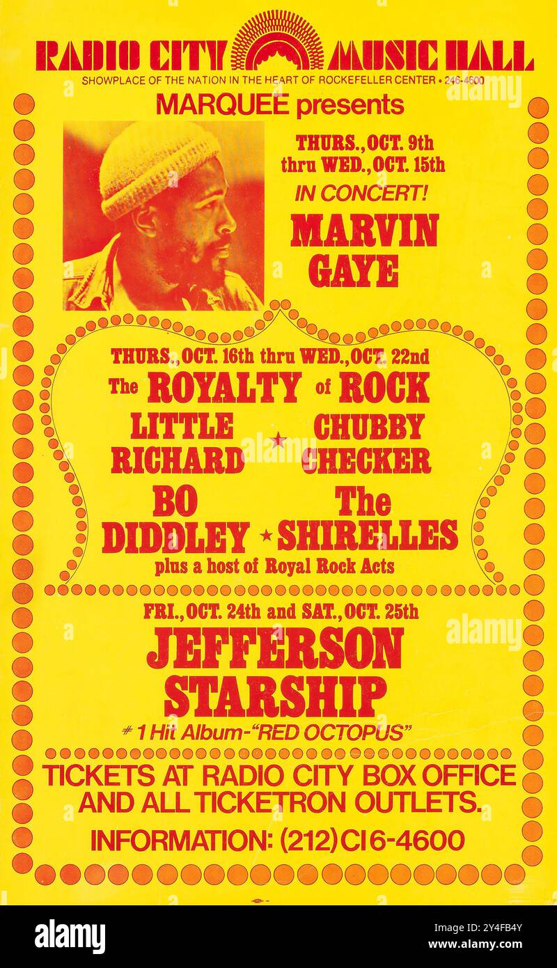 Concerts au Radio City Music Hall (Marquee, 1975) affiche de concert - carte de fenêtre - Marvin Gaye, Jefferson Starship, Little Richard, Chubby Checker, Bo Diddley. Banque D'Images