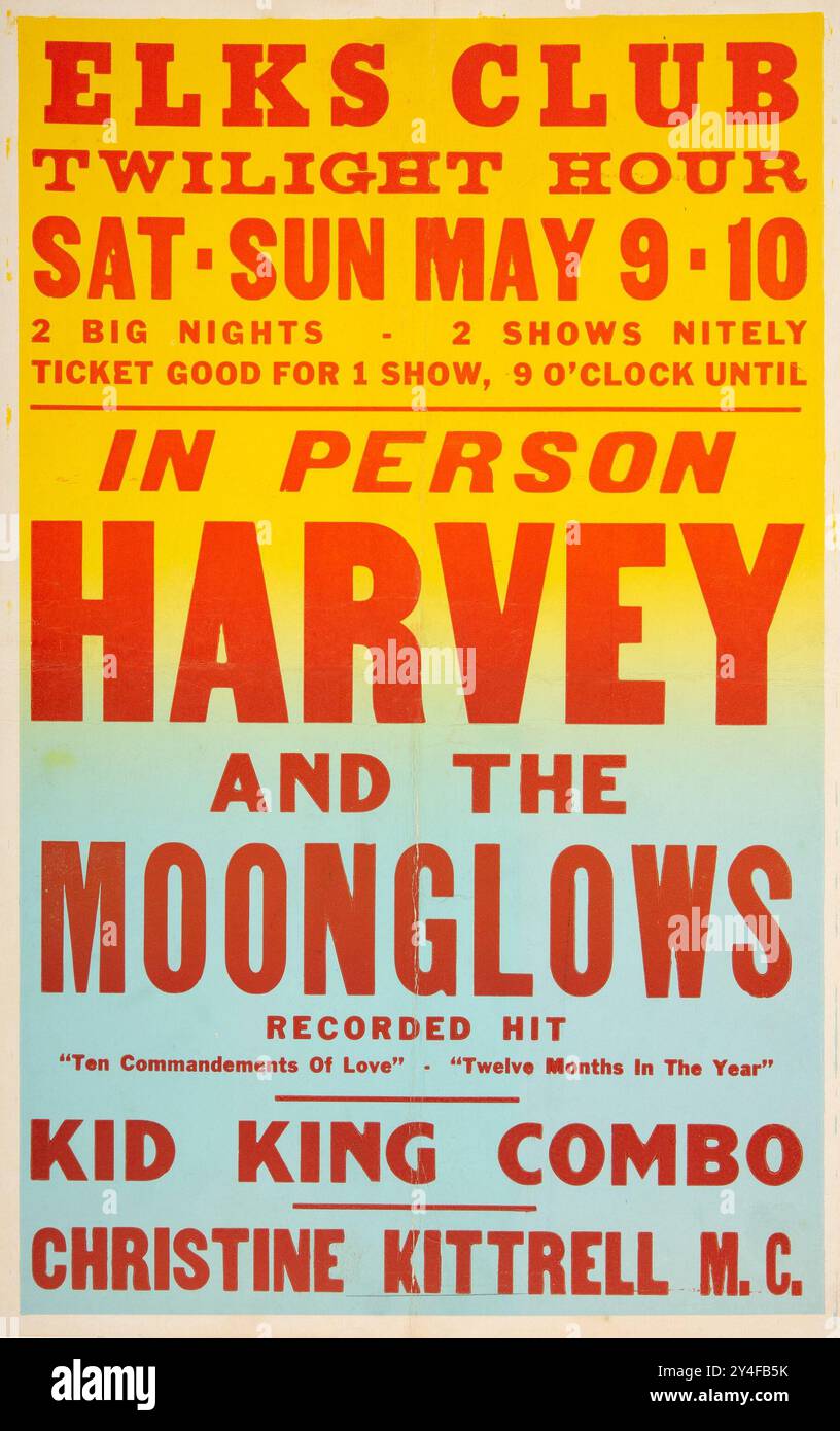 Elks Club Twilight House, affiche de concert vintage pour Harvey & The Moonglows (un membre était Marvin Gaye) 1959 Banque D'Images
