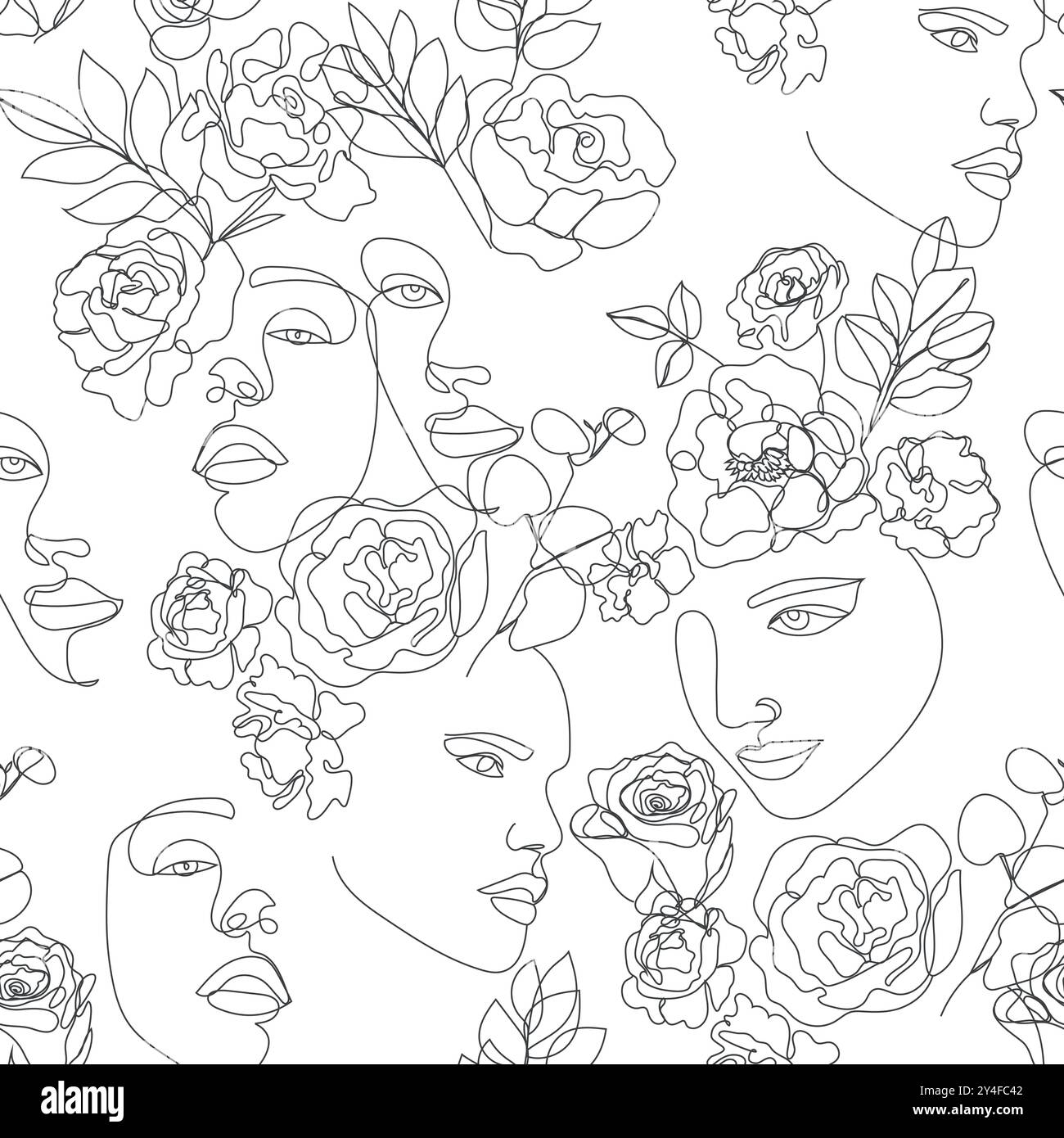 Vector une ligne de visage de femme noir et blanc modèle sans couture, portraits d'art féminin avec des fleurs et des feuilles monolines, fond minimaliste de beauté Illustration de Vecteur