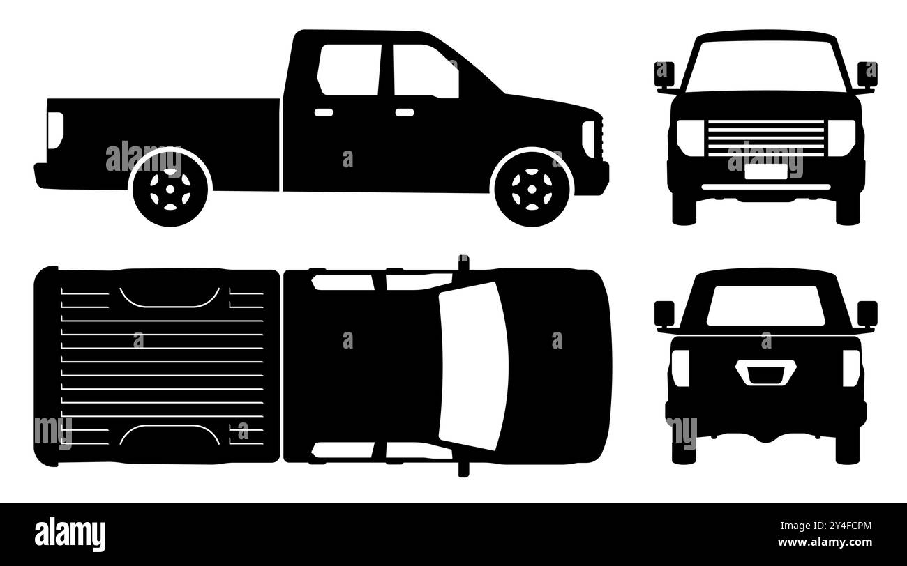 Silhouette de camionnette sur fond blanc. Les icônes du véhicule définissent la vue latérale, avant et arrière. Illustration de Vecteur