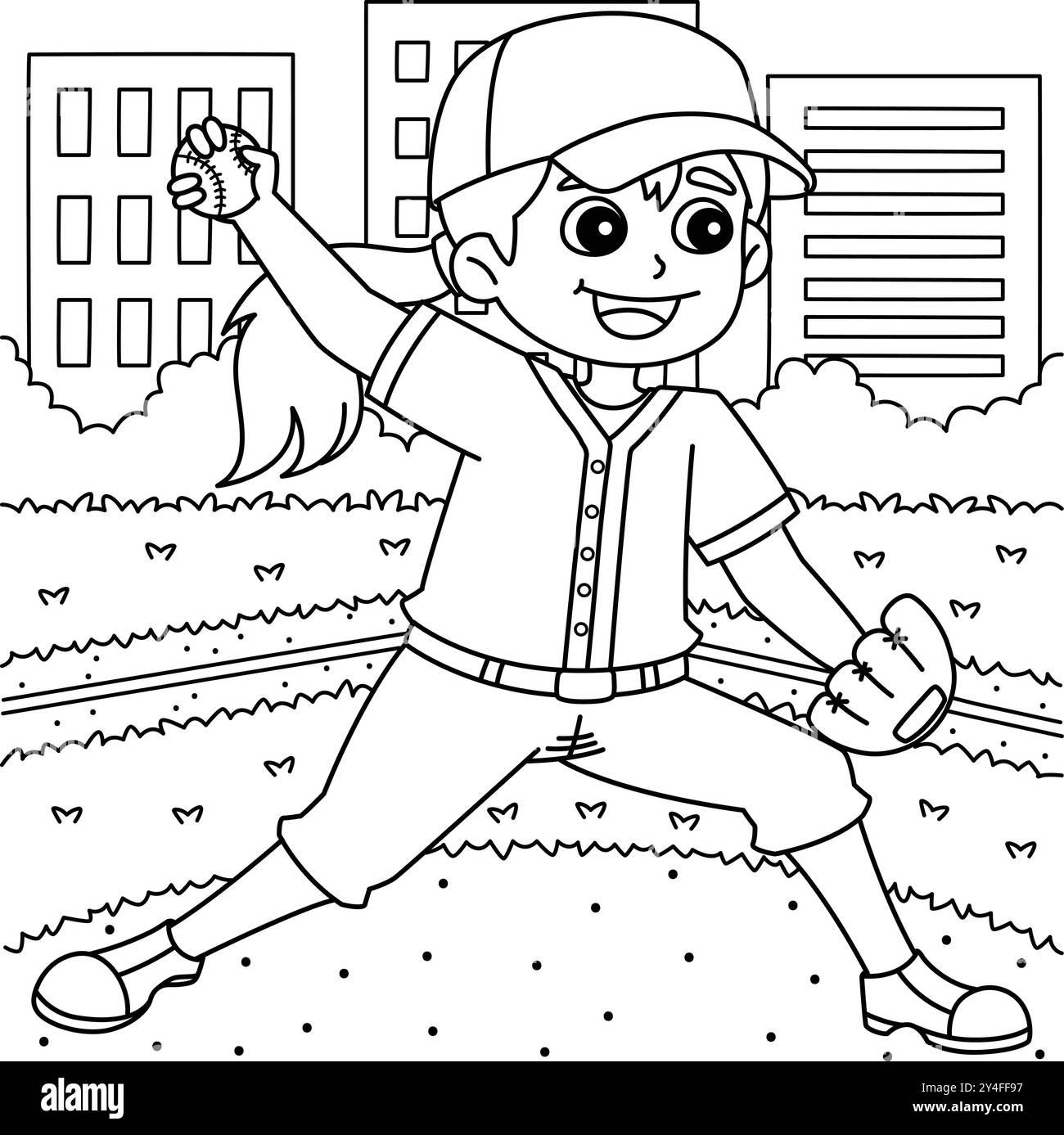 Page de coloriage de pichet de baseball féminin pour les enfants Illustration de Vecteur